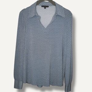 Adrianna Papell Geometric Long Sleeve Blouse Med - Navy White Office Career Chic